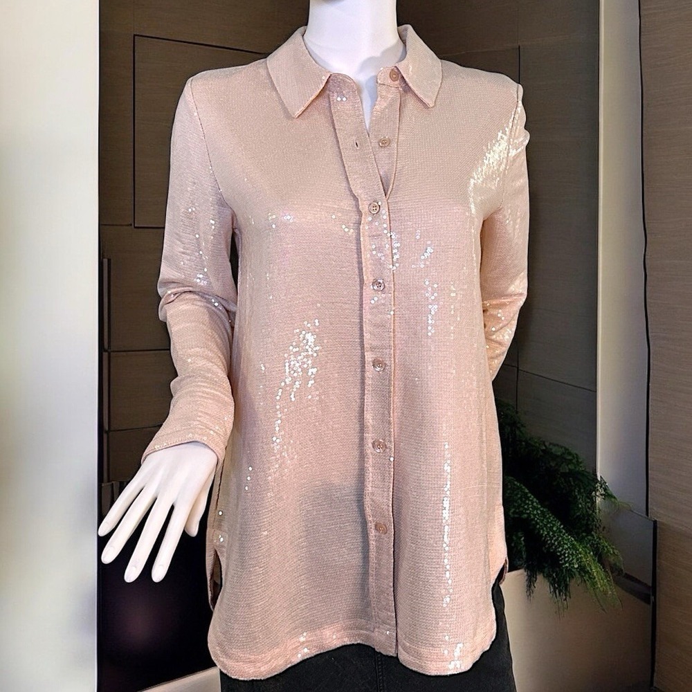 Worthington X Jason Bolden Women's XS Pink Sequin Tunic Button Lined Top NWT!